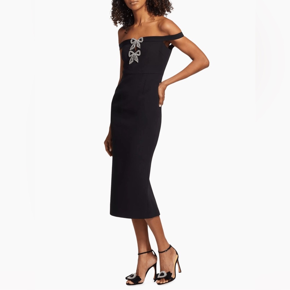 Self Portrait Diamanté Bow Crepe Off-the-Shoulder Black Dress